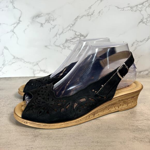 Spring Step Slingback Wedge Slip On Black Leather Sandals WMNS US8 EU39 Comfort - Picture 1 of 8
